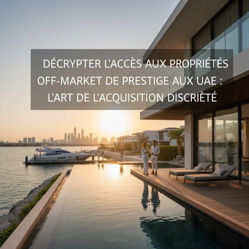 Vue aérienne spectaculaire de l'horizon de Dubaï avec des gratte-ciel et des villas de luxe en bord de mer, symbolisant l'exclusivité et le prestige du marché immobilier émirati.
