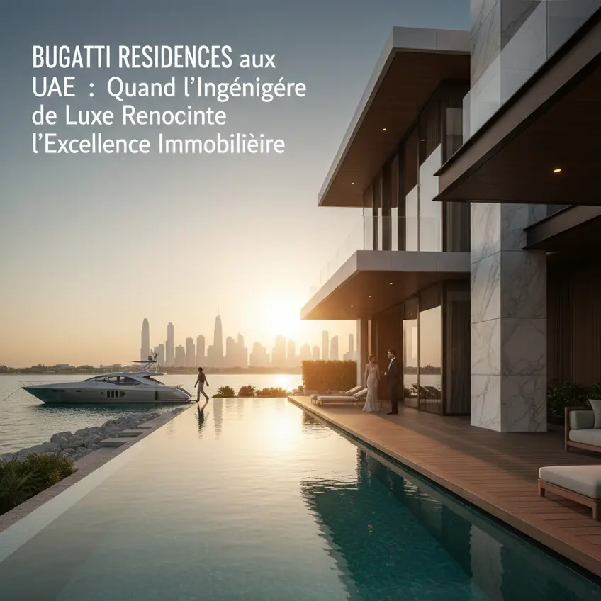Façade moderne des Bugatti Residences à Dubaï, reflétant le luxe et l'architecture avant-gardiste, avec une piscine à débordement et des palmiers.