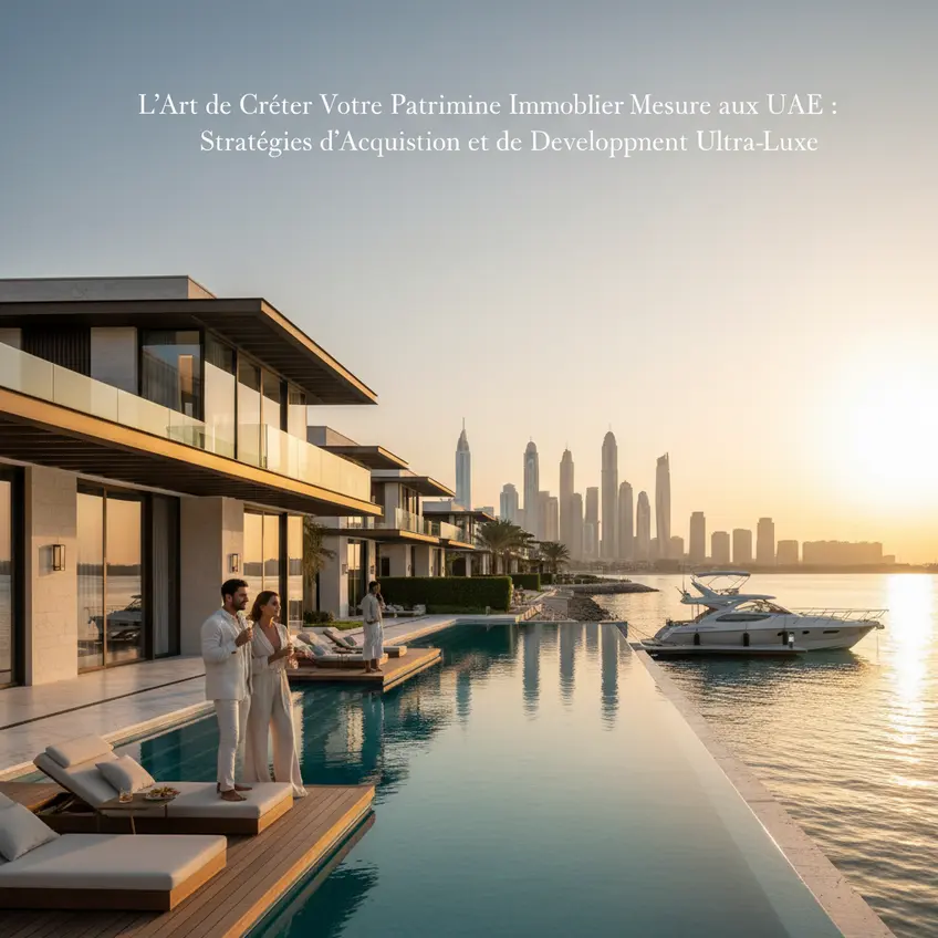 Villa de luxe avec piscine à débordement donnant sur le skyline de Dubaï, symbole de patrimoine immobilier ultra-luxe