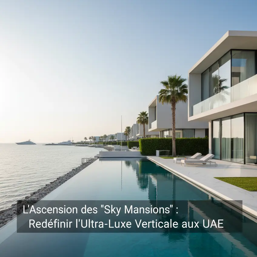 Vue aérienne des quartiers résidentiels de luxe à Dubaï, avec des gratte-ciel et des villas, illustrant l'essor du marché immobilier