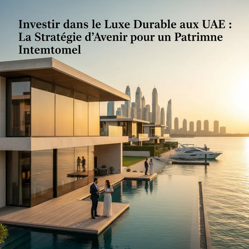 Villa de luxe moderne avec jardin verdoyant et piscine, représentant l'investissement immobilier de luxe durable à Dubaï.