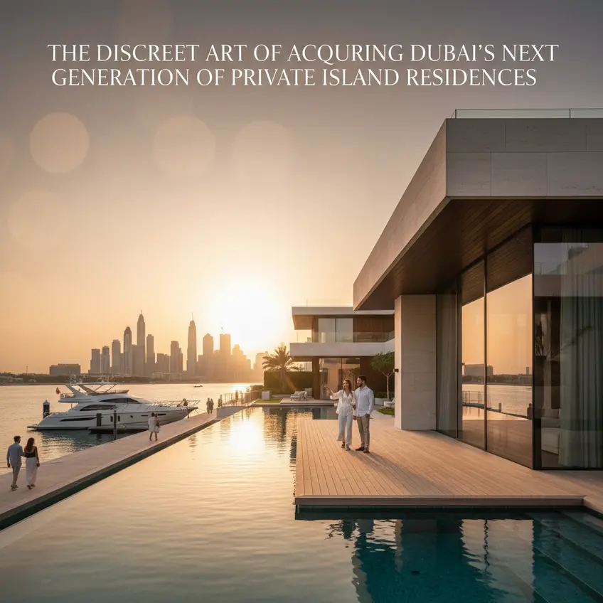 Aerial view of a luxurious private island residence in Dubai with pristine beaches and crystal-clear waters