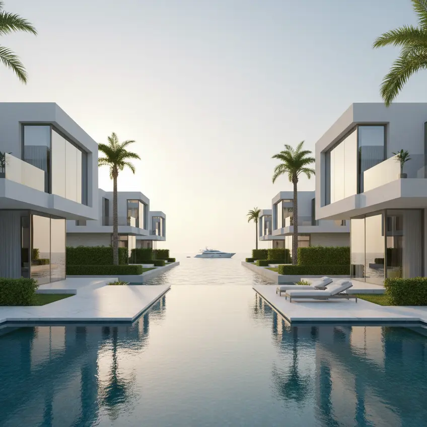 Panoramic view of Dubai's skyline from a private island, showcasing modern architecture and luxury developments