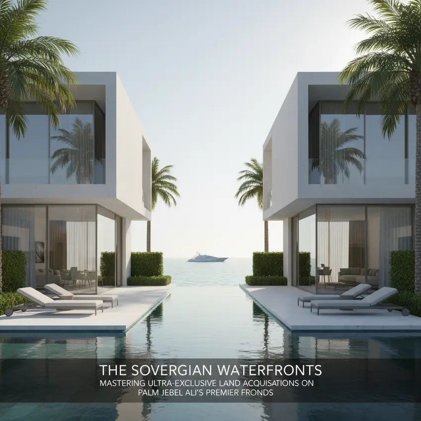 Architectural rendering of a modern luxury villa on a private frond of Palm Jebel Ali, illustrating prime development potential