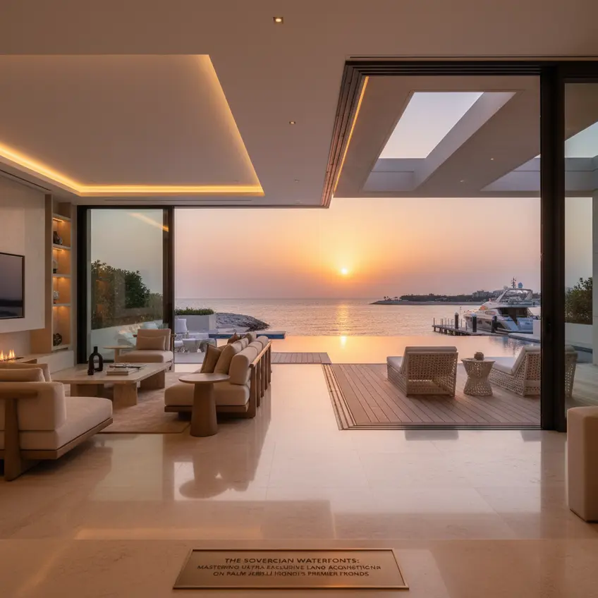 Conceptual drawing of a private yacht docked at a bespoke villa on Palm Jebel Ali, symbolizing ultimate waterfront luxury