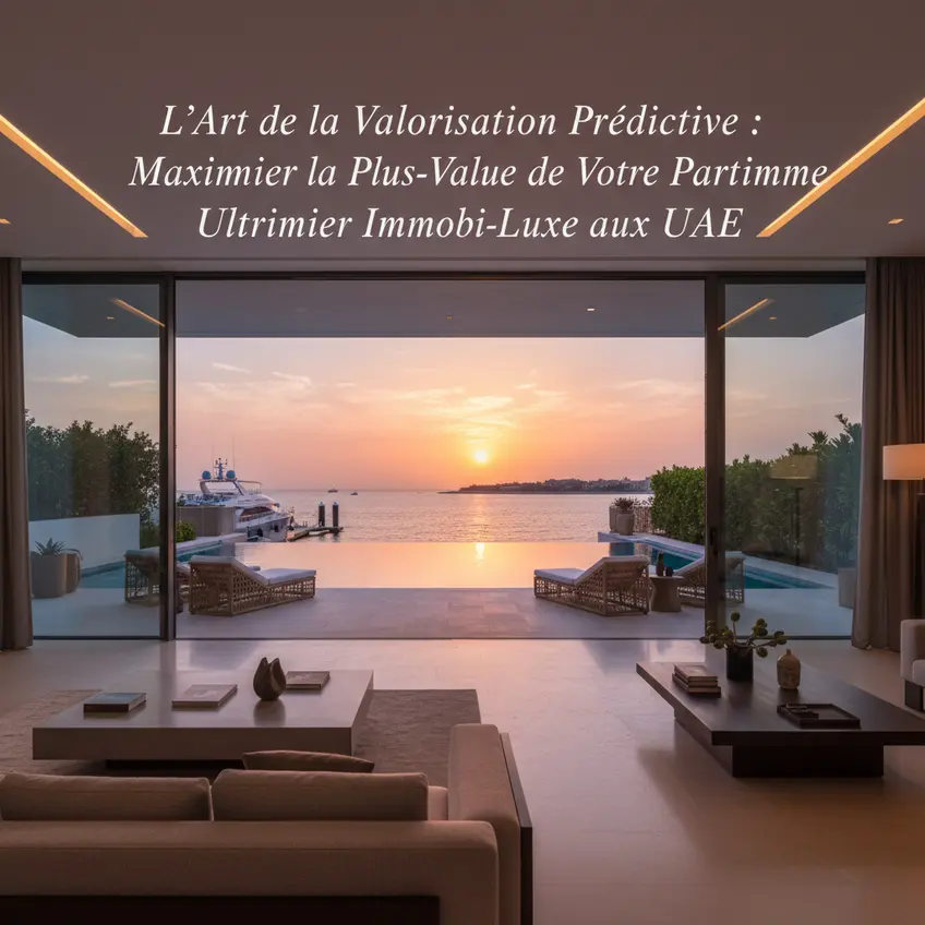 Un penthouse de luxe moderne avec une vue imprenable sur le skyline de Dubaï la nuit, illustrant le succès et la sophistication.
