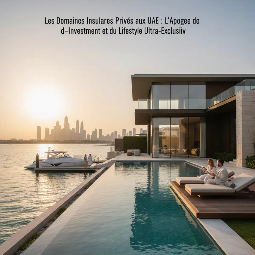 Villa de luxe avec piscine à débordement sur une île privée à Dubaï, reflétant un investissement immobilier de prestige et un lifestyle ultra-exclusif.