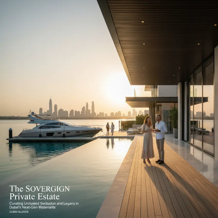 An aerial view of a luxurious, sprawling waterfront estate in Dubai with a private marina, lush gardens, and contemporary architecture at sunset.