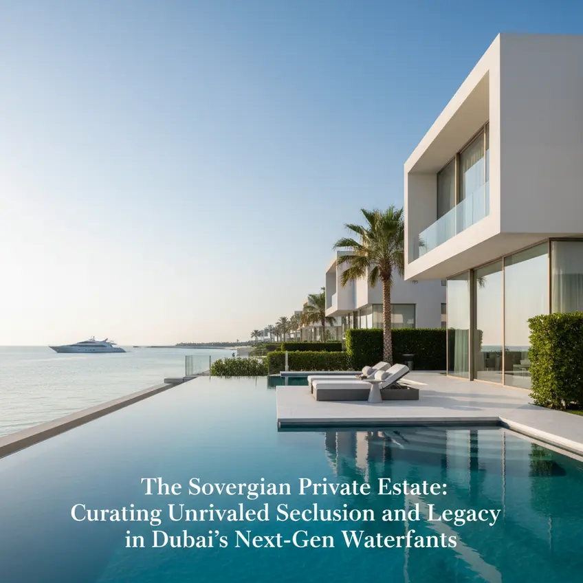 A futuristic rendering of a luxurious waterfront residential development in Dubai, showcasing modern architecture, private pools, and a serene bay view.