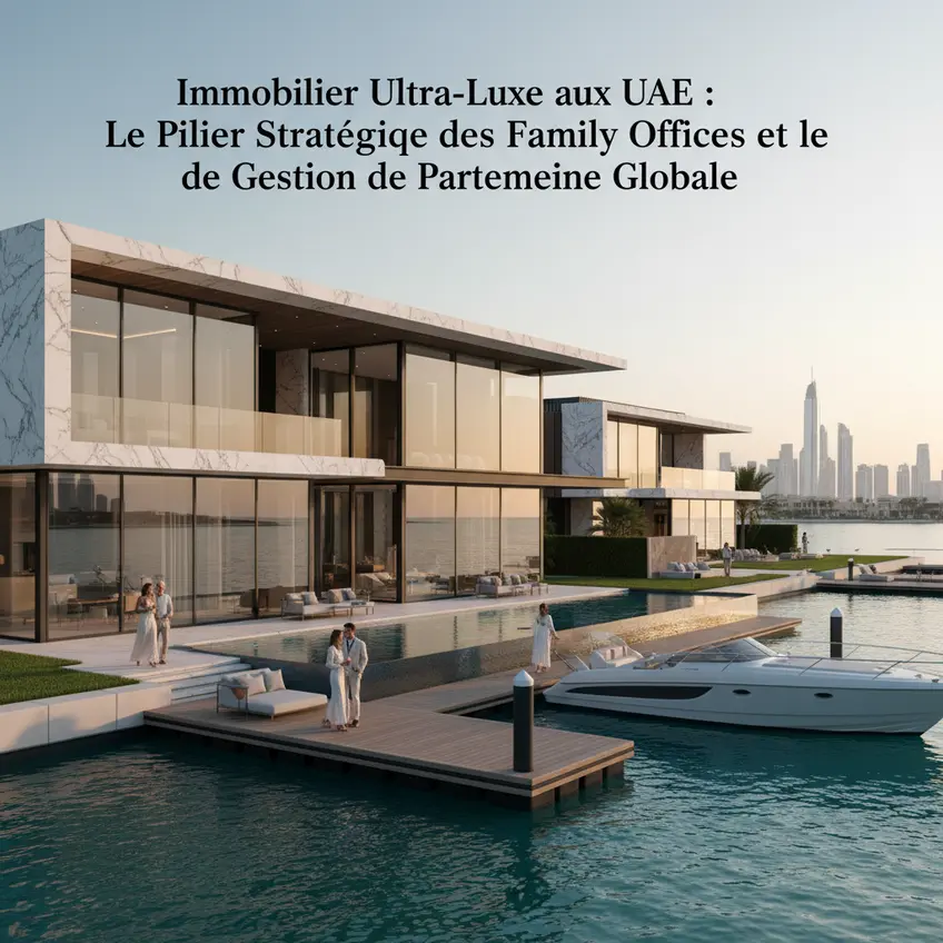 Horizon urbain de Dubaï avec des gratte-ciel scintillants au lever ou au coucher du soleil, symbolisant l'immobilier de luxe et l'innovation.