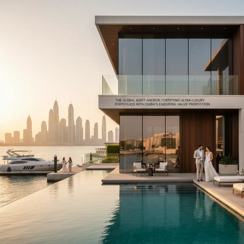 Dubai's iconic skyline at sunset, representing luxury real estate and investment opportunities for high-net-worth individuals