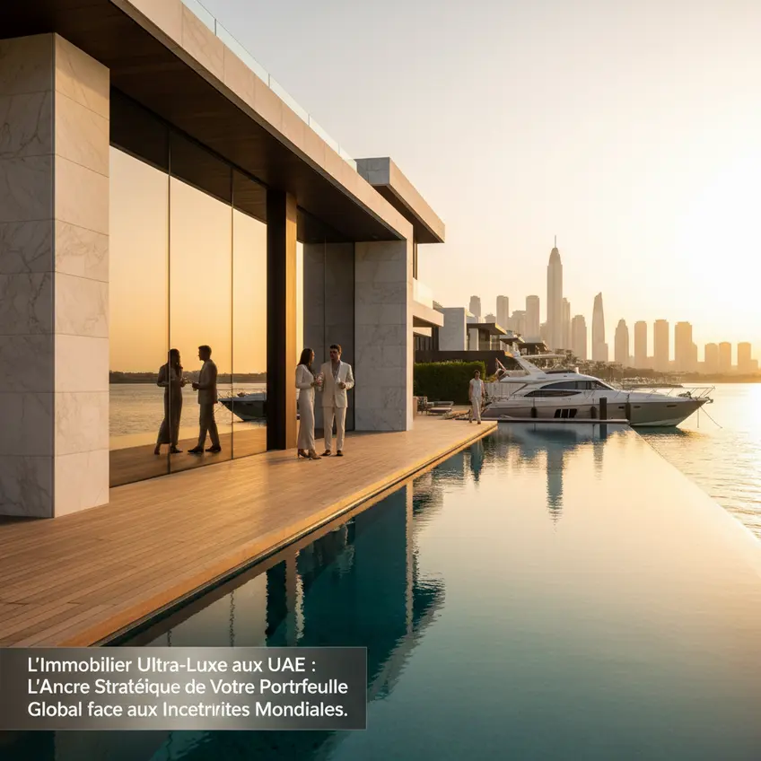 Villa de luxe avec piscine à débordement et vue sur le skyline de Dubaï, symbolisant l'immobilier ultra-luxe et la sérénité pour les investisseurs.