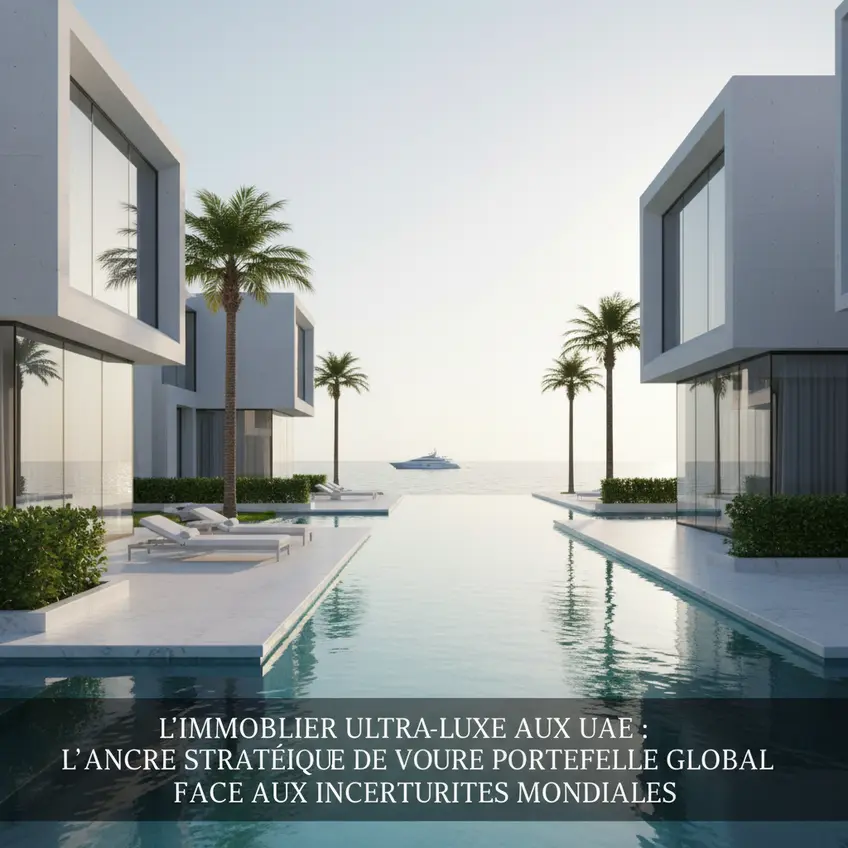 Vue aérienne de Palm Jumeirah avec des villas de luxe et le skyline de Dubaï en arrière-plan, illustrant le marché immobilier de luxe des Émirats Arabes Unis.