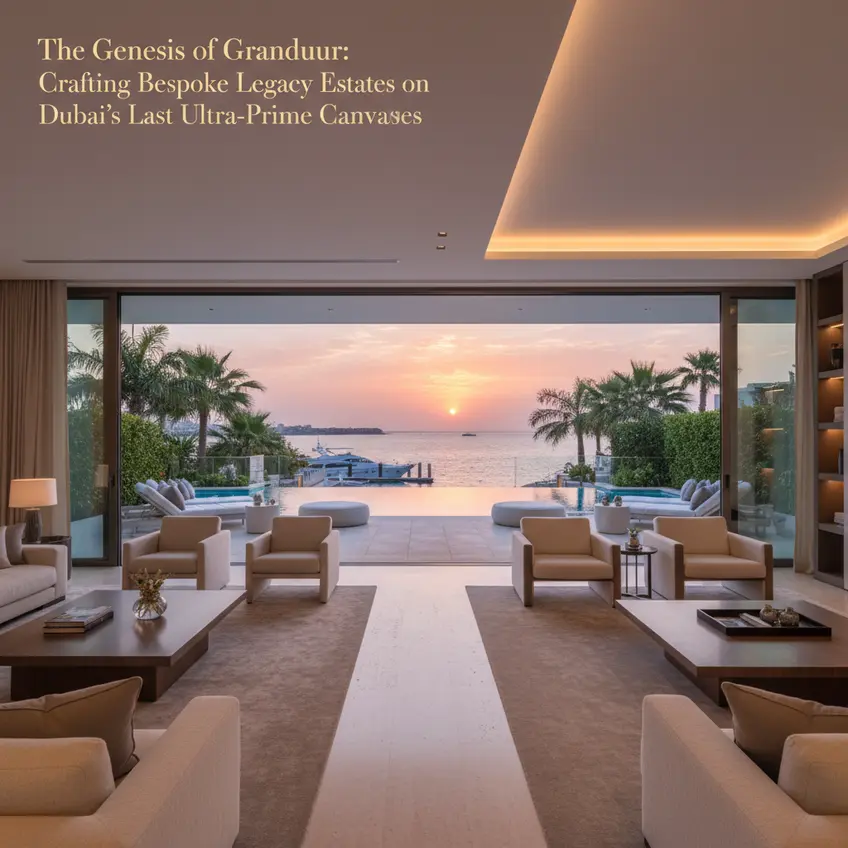 Architectural rendering of a modern, ultra-luxury mansion design in Dubai, emphasizing bespoke craftsmanship and innovation.