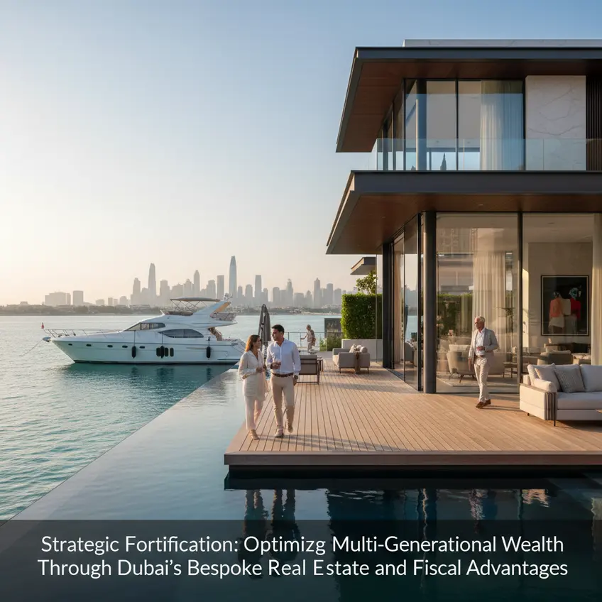 Elegant Dubai skyline at sunset, showcasing luxurious waterfront properties and iconic architectural marvels, symbolizing multi-generational wealth investment.