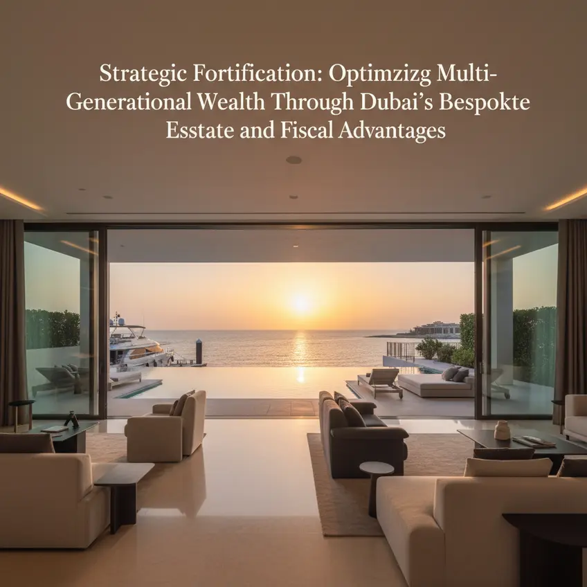 Modern Dubai skyline at dusk, with illuminated skyscrapers and clear waters, representing stable investment and long-term growth in the luxury real estate market.