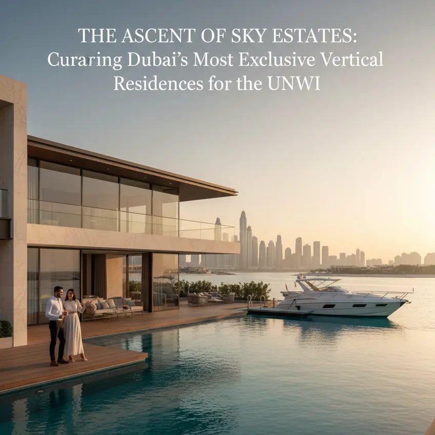 Iconic Dubai skyline featuring luxury skyscrapers and exclusive vertical residences, representing prime real estate for UHNWIs