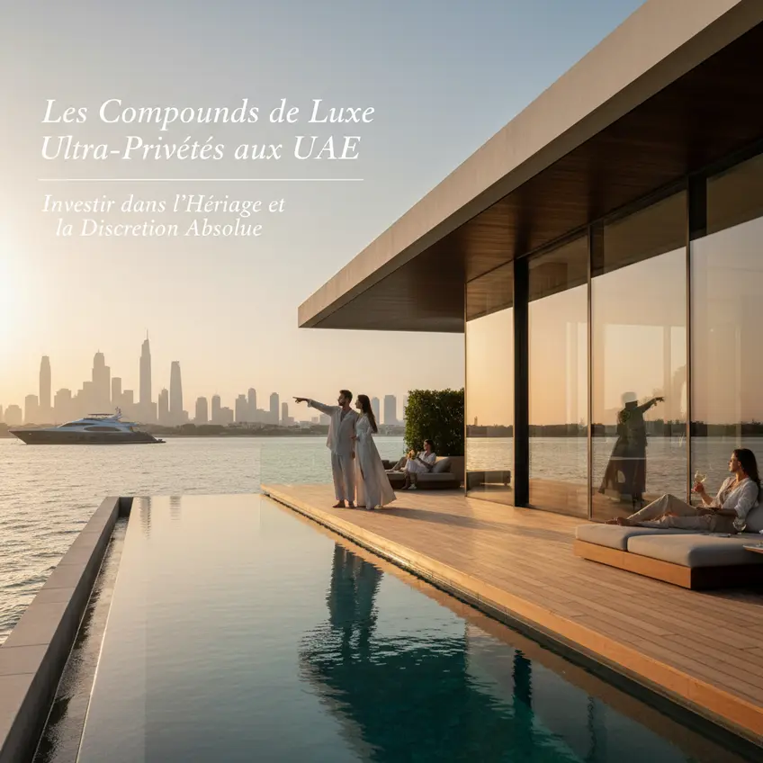 Villa de luxe dans un compound ultra-privé à Dubaï, avec piscine et jardins luxuriants, symbolisant l'investissement immobilier de prestige aux UAE.