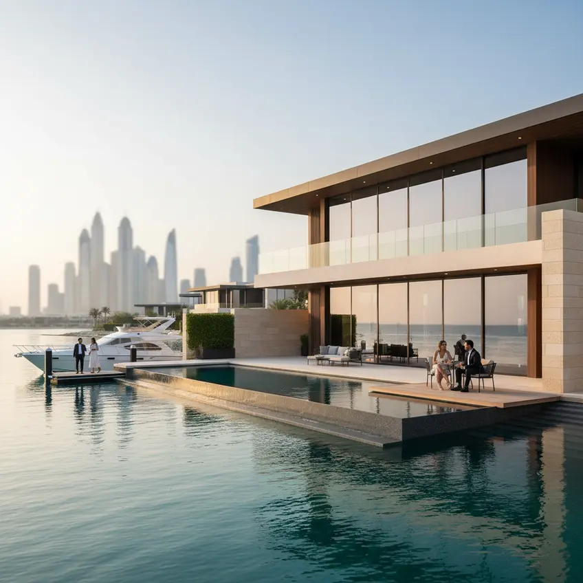 Overview of Tilal Al Ghaf's serene lagoon and luxury villas, embodying elite lakeside living in Dubai