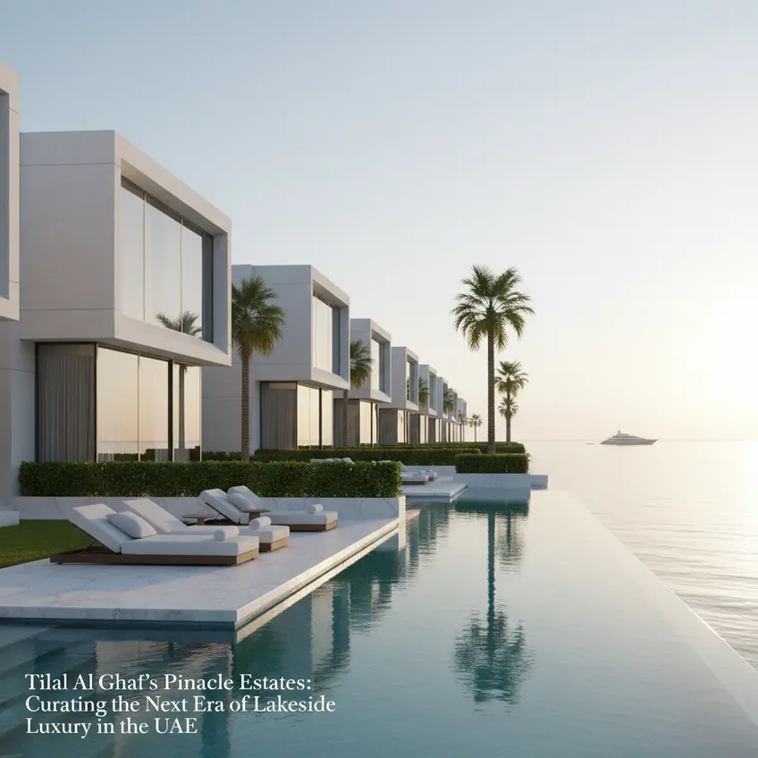 Aerial view of Tilal Al Ghaf's Lagoon Al Ghaf and surrounding premium homes, showcasing master-planned community