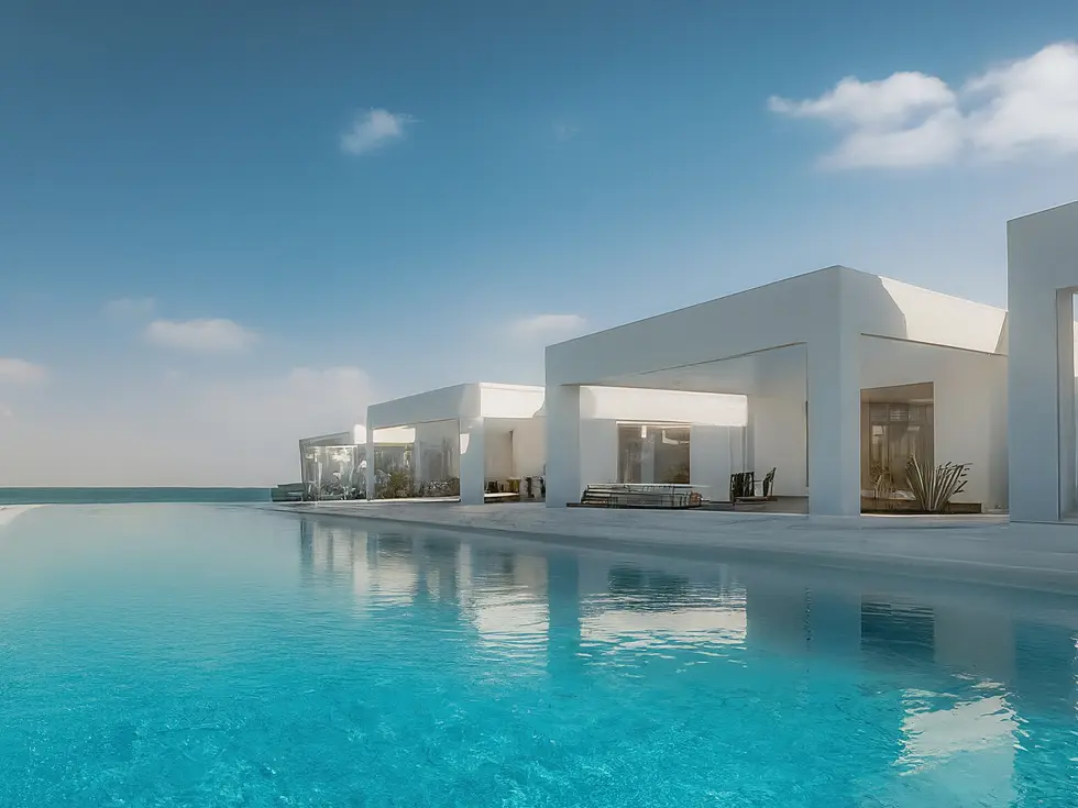 Architectural rendering of modern waterfront villas and luxury apartments on an artificial island in Dubai, showcasing advanced urban planning.