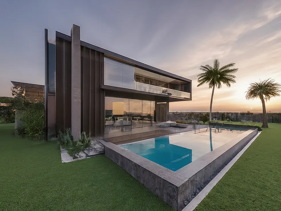 منظر علوي بانورامي لأفق دبي الفاخر يظهر أبراج وسط المدينة والمباني الشاهقة المتلألئة عند غروب الشمس، يعكس سوق دبي العقاري الفاخر.