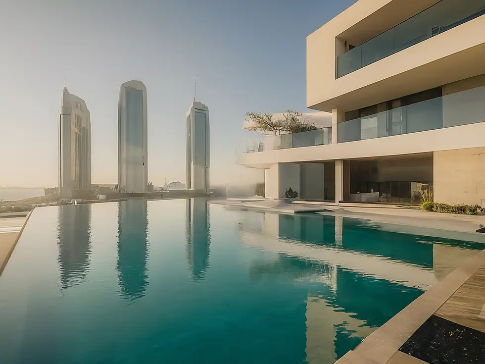 Luxueuse villa de marque avec piscine privée et vue sur la skyline de Dubaï, symbole d'un investissement immobilier stratégique.