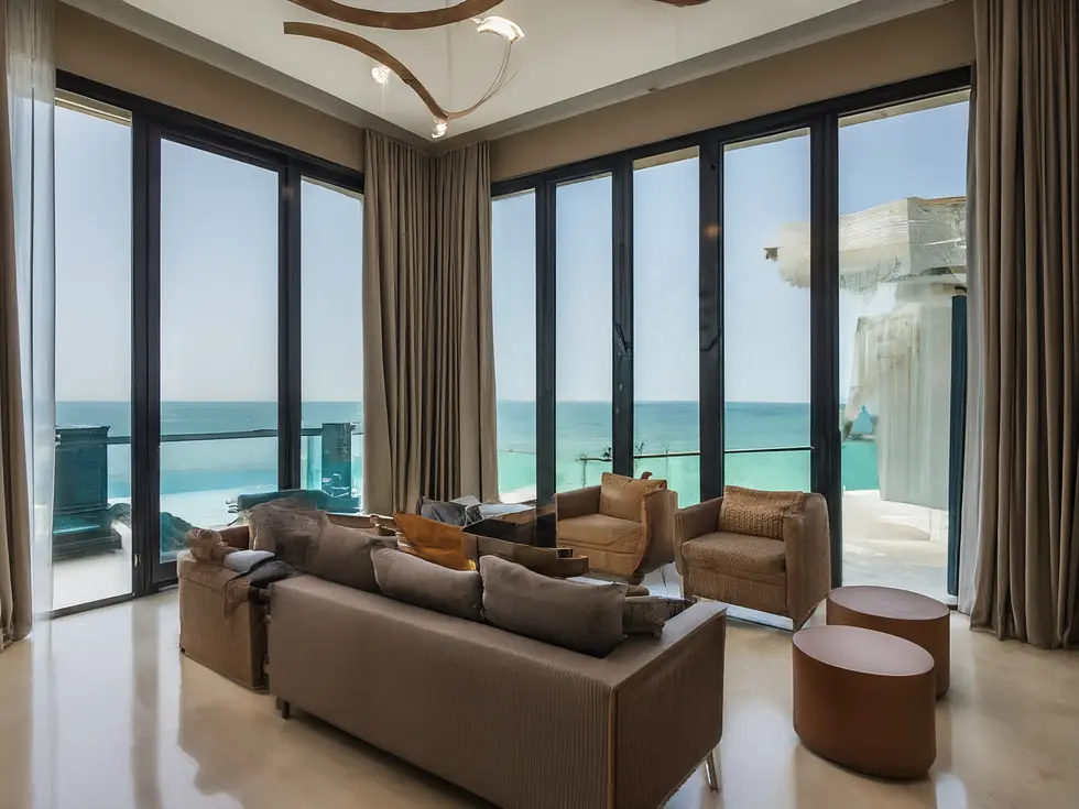 تصوير لمستثمرين فاخرين يناقشون خريطة استثمارية ضخمة في مكتب راقٍ مع أفق دبي في الخلفية، يرمز إلى استثمار عقاري في دبي.