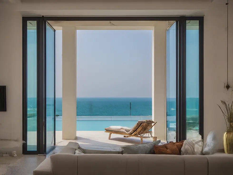 Magnifique salle de bain de luxe avec vue sur la mer, symbole de l'opulence et des services de marque.