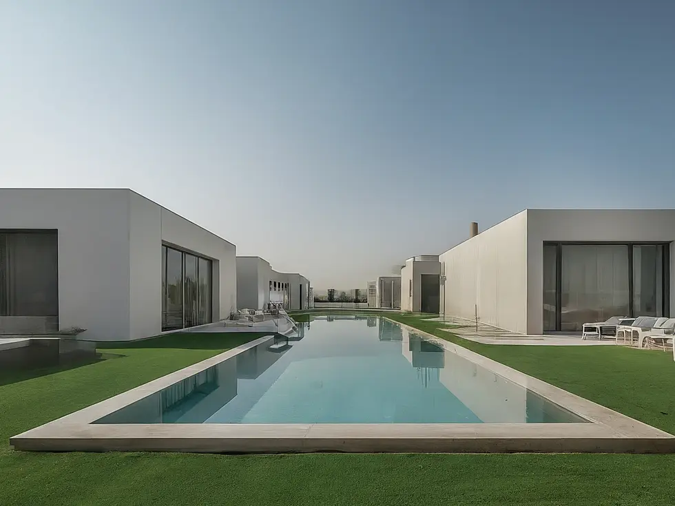 Vue aérienne d'un quartier résidentiel de luxe avec des villas et des piscines à Dubaï