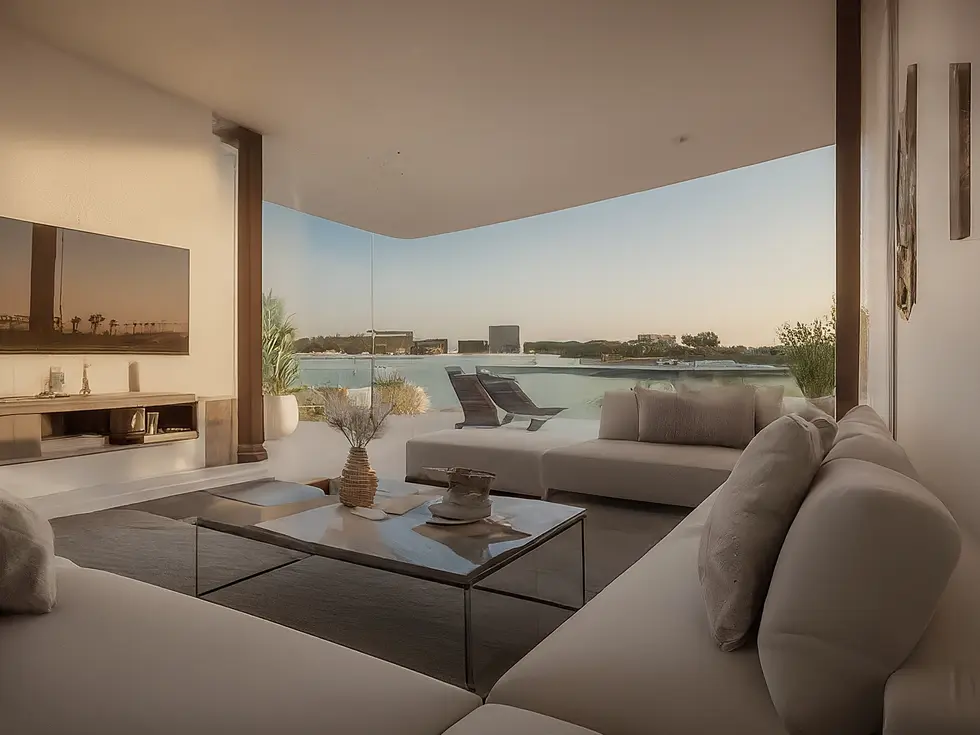 Vue aérienne des Dubai Islands au coucher du soleil, montrant des villas de luxe, des yachts et des plages privées.