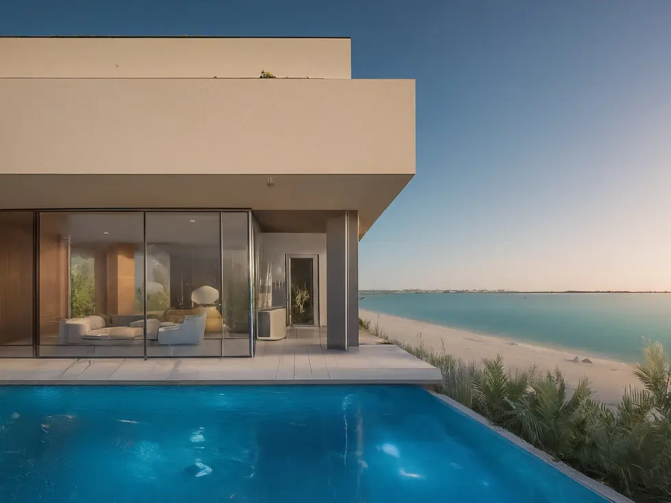 Intérieur luxueux d'une résidence de marque à Dubaï, salon spacieux avec vue sur la ville