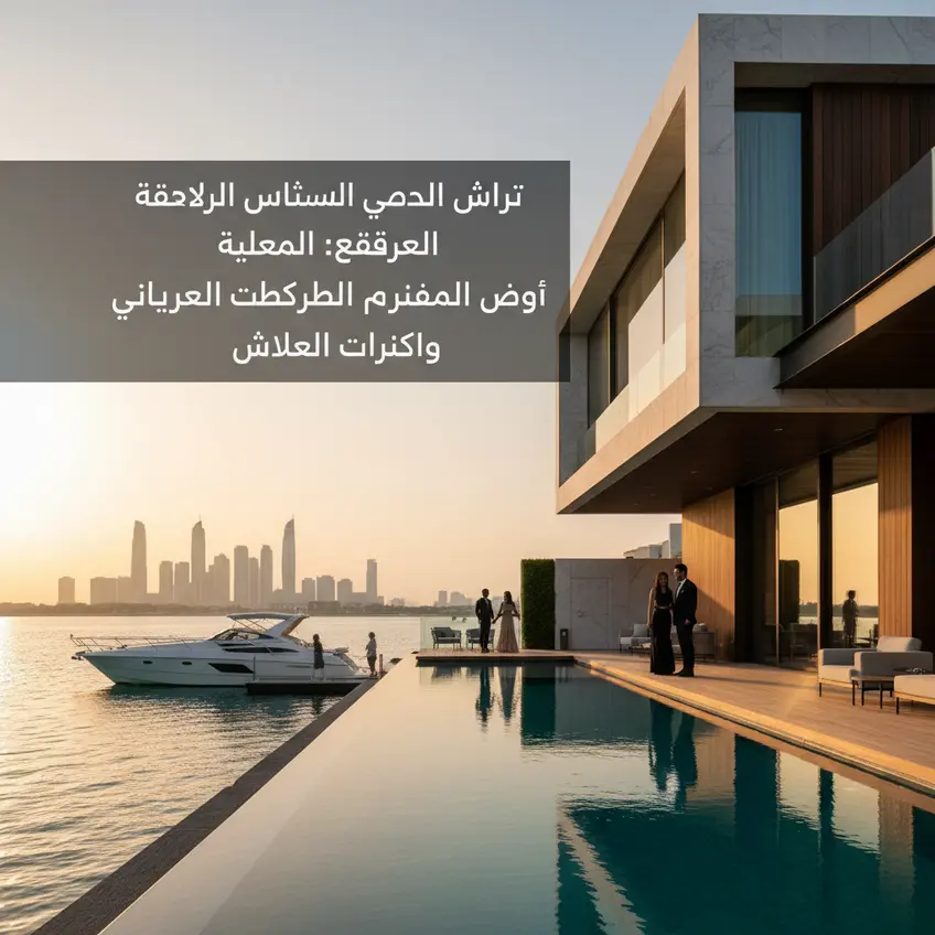 منظر جوي لمشاريع جزر دبي الفاخرة، يظهر فلل وقصور على الواجهة البحرية، مرسى اليخوت، ومياه الخليج الزرقاء الصافية