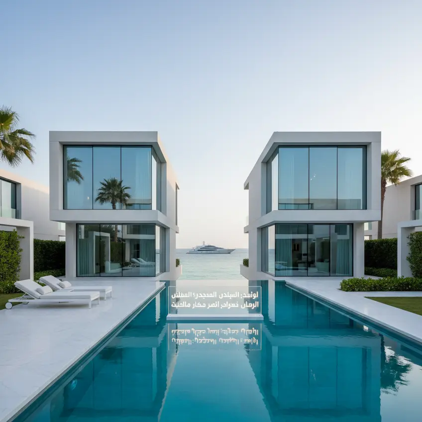 فلل فاخرة على شاطئ البحر في نخلة جميرا، دبي، مع إطلالات بانورامية على أفق المدينة والخليج العربي